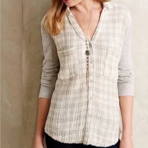 Anthropologie Holding Horses Plaid Gauze Ribbed Knit Button Front Shirt SZ S‎